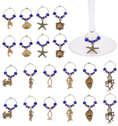 GOMAKERER 20 Pcs 10 Styles Beach Theme Wine Alloy Charms, Sea Animal Wine Glass Markers Drink Identifier Seahorse Octopus Bead Wine Charms Wine Drinker Gift for Wine Tasting Party
