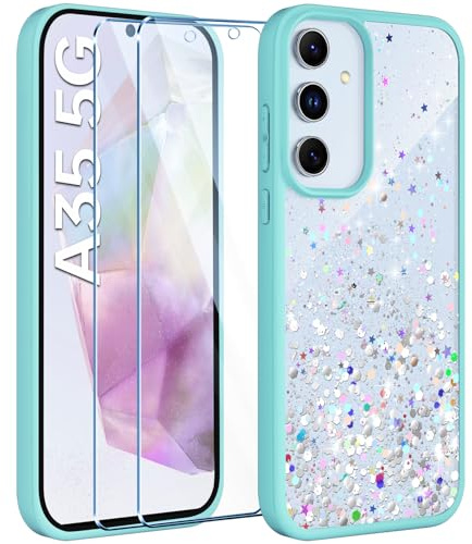 ivencase Glitzer Handyhülle Kompatibel mit Samsung Galaxy A35 5G Hülle, Klar Silikon Case+2 Stück Schutzfolie, Transparent Pailletten Kratzfest Hülle Weich TPU Stoßfeste Schutzhülle A35 - Grün