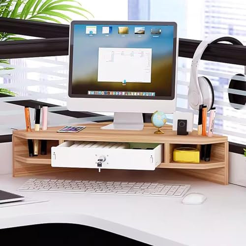 GZKDKZB Eckmonitorständer, 2-stufiger dreieckiger Monitorständer mit Schublade, Schreibtisch-Organizer, Computer-Riser-Rack, ergonomischer Monitor-Lift, Büro-Schreibtisch-Aufbewahrungsrega