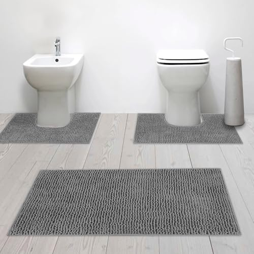 Susanna Home – Set 3 Tappeti da Bagno in Microfibra Shaggy Antiscivolo, Tappeto Rettangolare, Giro Water e Giro Bidet, Super Assorbente, Morbido e Lavabile - Disponibile in Diversi Colori (GRIGIO)