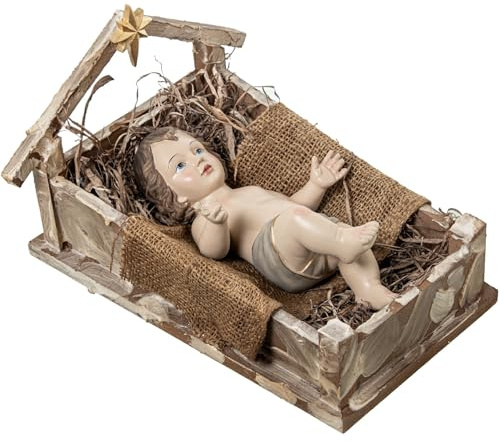 Figura de un niño Jesus en Pesebre de Resina en Beige y Marron 20x31x25 cm