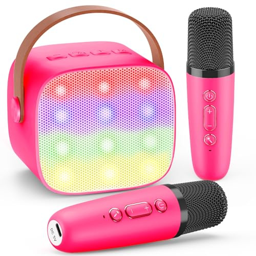 Tragbarer Karaoke Maschine mit 2 Bluetooth Mikrofon, Kinder Spielzeug | Geschenke für Mädchen 3-12 Jahre Mini Karaoke Mikrofon Set mit DSP & LED-Lichtern Ideal für Familienfeiern, Partys & Outdoor