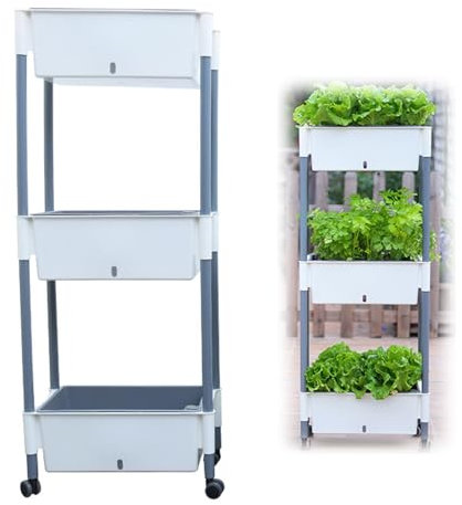 Hochbeet mit Rädern, 2/3 Etagen Vertikalbeet mit Rollen für Terrasse Balkon & Garten, Selbstbewässernde Blumentöpf Pflanztöpf Gemüsebeet Kräuterbeet Pflanzkübel Frühbeet Blumenbeet (3 Etagen)