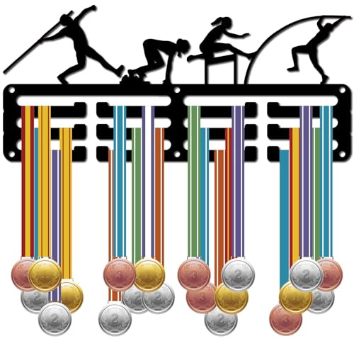 CREATCABIN Medaillenhalter Leichtathletik Medaillenaufhänger Schwarz Kleine Auszeichnungsbänder Organizer Haken Metallgestell Rahmenhalterung Dekor Aufhängen Wand 40+ Medaillen Läufer Marathon 29x13cm