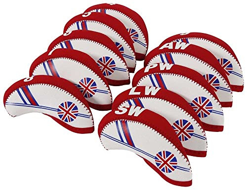WANGSHAOWEI Copri Mazza 10 Pezzi/Set Copritesta in Ferro for Mazza da Golf Copricapo Nazionale in Neoprene Testa for Mazza da Golf Coprimazze(Red)