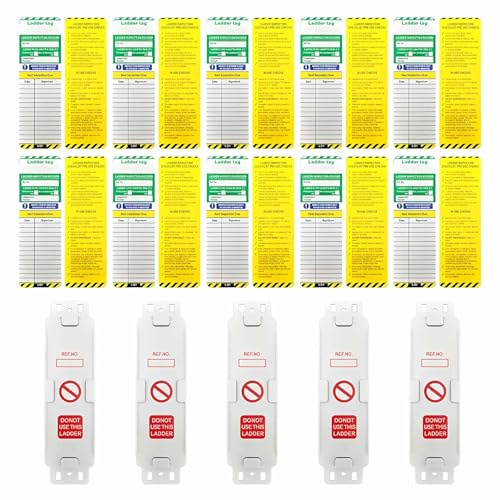 Ladder Inspection Tags - 5 Holders and 10 Ladder Inspection Tag Inserts | Compliant for Construction, Industrial & Warehouse Use