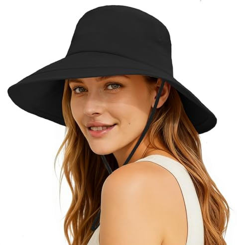 lifwimner Chapeau de Soleil Femme Casquette à Large Bord Queue de Cheval, Chapeau Boonie Pliable Imperméable pour Pêche Jardinage Randonnée Vacances d'été(Noir)