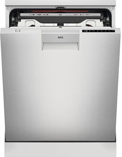 AEG Lavavajillas de Libre Instalación FFB76717PM, 60 cm, 14 Cubiertos, Sistema AirDry, Display Digital XL, Cavidad XXL, Función Extrahigiene, Softspikes, Motor Inverter, 44 dB(A), Inox