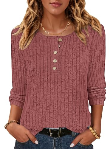 WNEEDU Långärmad topp för kvinnor, lätt tröja med knäppning, puffärm, rund hals, tjocktröja, tunika, pullover, Röd, S