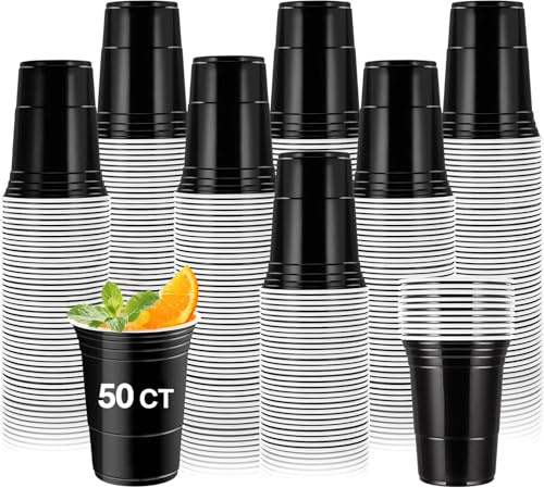 Tczecoo 50 Stück Schwarze Partybecher, 16oz Plastikbecher | Wiederverwendbare & Robuste Party Becher, Festliche Partybecher für Weihnachten Party Festivals Hochzeit Camping Picknicks