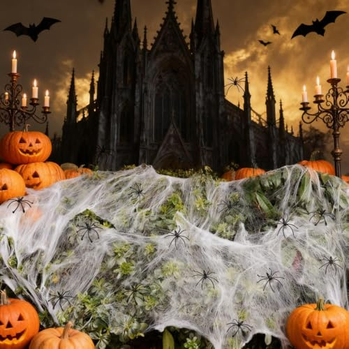 HERKINDNESS Halloween Deko Set, 200g de Halloween Toile D'araignée Blanc et 60 Araignées Artificielles Noires, pour Décorer Le Jardin, Les Portes, Les Fenêtres et la Cheminée
