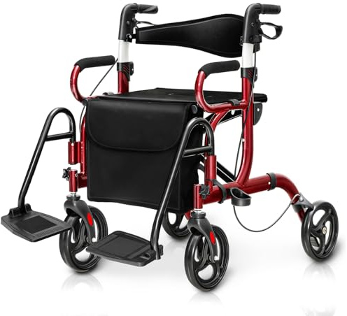 COSTWAY Déambulateur Pliable 2 en 1 avec Dossier Réversible, Rollator Médical en Aluminium avec Roues Poignées Réglables Repose-pieds Sac de Rangement Amovible, pour Personnes Agées (Rouge)