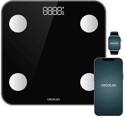 Cecotec Balance de Salle de Bain Intelligent avec App Surface Precision Smart. Bluetooth et 24 Paramètres, Taille 30x30cm, 4 Capteurs, Capacité Maximale 180kg, Fonctionne avec Piles