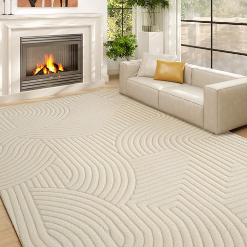 HOMCOM Tapis Salon 160 x 120 cm, Tapis à Poils Épais Géométrique, Moelleux et Antidérapant, Style Moderne, pour Salon, Chambre à Coucher, Bureau, Crème