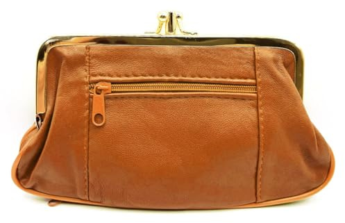 Charmoni - Grande Portefeuille Porte Monnaie Femme - à Fermeture clic clac Fermoir - Poche zippée - en Cuir d'agneau (Camel)