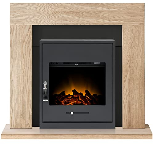Adam Malmo Fireplace in Oak & Black with Oslo Electric Inset Stove, 39 Inch