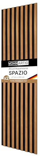 wohnartig® Akustikpaneele SPAZIO 1,404 m² – 260 cm x 54 cm* Set – (Set = 2 Stück 260 cm x 27 cm) | Farbe: Nussbaum hell | Wandverkleidung | Akustikpaneel | Wandpaneele auf Filz | Akustikfilz