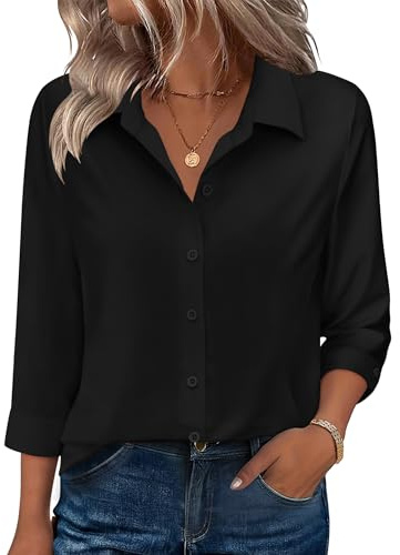 Zeagoo Blouse for Women Dressy Casual Collar Button Down Shirts 3/4 Sleeve Tops Black Spring Clothes Business Outfit
