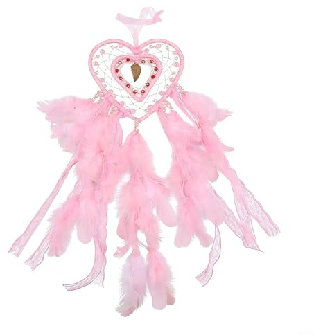 Amuleto con forma de corazón para atrapasueños con plumas, amuleto de estilo nativo hecho a mano para adornos bohemios de dormitorio y decoración de techo de guardería, fiesta romántica de boda para