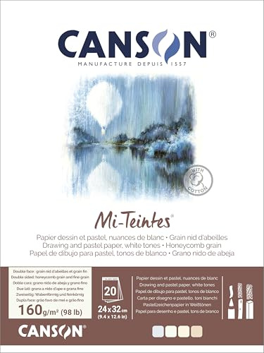Canson Mi-Teintes farbiges Zeichenpapier, doppelseitig: Wabenstruktur und feine Körnung, 160 g/m², auf der kurzen Seite geleimt, 24 x 32 cm, 4 Weißtöne, 20 Blatt