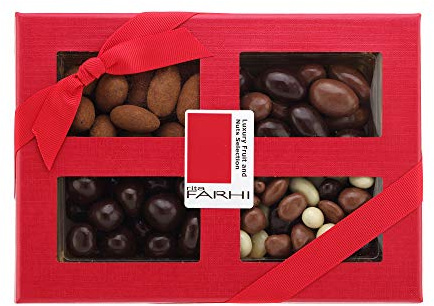 Rita Farhi Chocolate Covered Nut Selection Luxury Gift Box 390g - Almonds, Brazil Nut, Hazelnuts. Cinnamon Dusted and Chocolate Covered Nuts - New Palm Oil Free Recipe