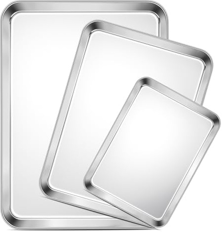 TeamFar Baking Sheet Set of 3, 16/12.5/9.3 Inch Stainless Steel Cookie Sheets Baking Pans, Metal Oven Baking Tray for Cooking Roasting Serving, Non-Toxic & Mirror Finish & Dishwasher Safe