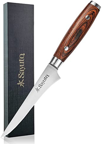 Sayuto - Couteau à Désosser Pakka X50 Spécial Viande pour Professionnels et Particuliers Design Japonais Lame 15cm en Acier Inoxydable Allemand Manche en Bois de Pakka - Coffret Cadeau Inclus