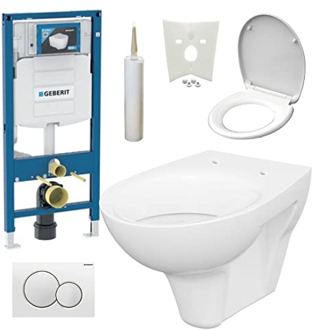 Geberit Duofix Vorwandelement UP 320, Design WC mit LotusClean Beschichtung, Absenkautomatik, Sigma01 Drückerplatte weiß, WC Deckel