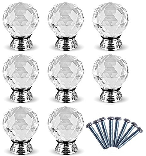 XCSSKG 8Pcs 30MM Pink Crystal Glass Diamond Cut Glass Door Knobs Kitchen Cabinet Drawer knobs+Screw Home Decorating (White)