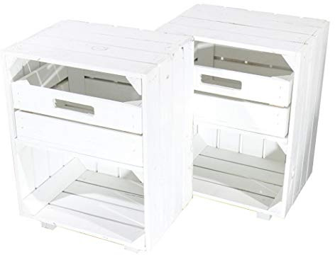 Vintage Möbel 24 GmbH 2 weiße Nachttische mit Schublade 30,5cm x 40cm x 54cm Nachtschrank Tisch Regalkiste Weinkiste Obstkisten Apfelkisten Weiss Shabby chic Tisch Ablage Landhaus DIY klassisch