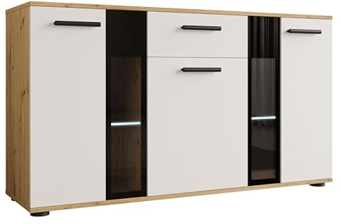 Mirjan24 Kommode Salsa mit 3 Türen, Blauer LED (Eiche Artisan/Weiß) | Elegantes Sideboard mit Schublade, Glasböden, teilverglasten Fronten und kratzfester Oberfläche, B/H/T: 141/80/41 cm