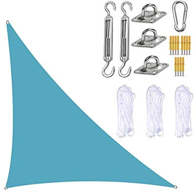 HOOJUEAN Garden Right Angle Triangle Sun Shade Sails, 98% UV Block Waterproof Large Sun Shade Canopy Awnings, with Fixing Kit, for Deck Outdoor Patio Backyard Lawn Activities Light Blue-3x3x4.3m
