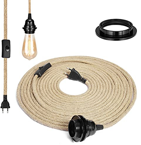 GreenSun Lampenfassung E27 mit Kabel - E27 Fassung mit Kabel, Lampenfassung mit Schalter, 10M Textilkabel 2 adrig, Elektrische Leitung mit E27/E26 Lampenaufhängung für DIY Pendelleuchte Kit