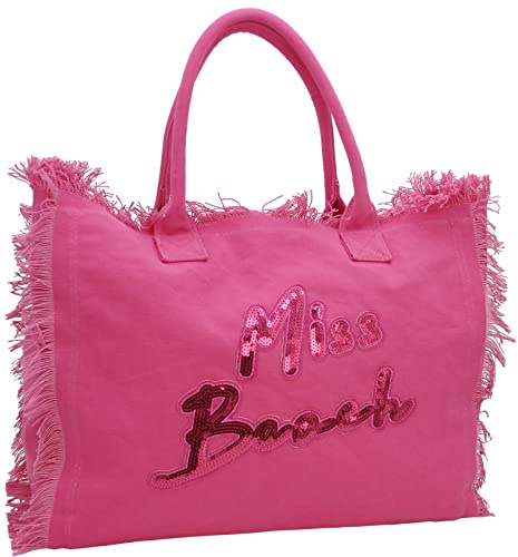 Miss Beach Badetasche Damen XL mit Reißverschluss – Strandtasche | Groß, aus Canvas, modischer Shopper für Strand, Urlaub & Alltag, robuste Schultertasche mit Innenfach