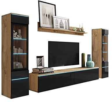 Mirjan24 Wohnwand Doppo II, Schrankwand, griffloses Öffnen, Anbauwand, Fernsehschrank, Mediawand, Wandregal, TV-Lowboard, 2X Hängevitrine (Wotan/Schwarz Hochglanz, mit weißer LED Beleuchtung)