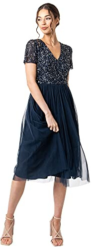Maya Deluxe Abendkleid mit Pailletten - Cocktailkleid Damen mit V-Ausschnitt - Tüllkleid Damen mit Kurzen Ärmeln