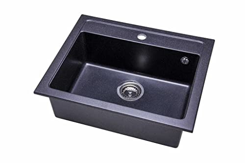 NAKA DG016 Spülbecken aus Granit mit Siphon 58 x 48 cm | Küchenspüle Einbauspüle mit Einbecken | Waschbecken Küche Fleckenbeständig Spüle | Granitspüle Waschbecken Schwarz