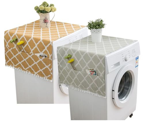 Housse Machine à Laver avec Poches, Housse Machine à Laver Top, Housse Anti-Poussière pour Réfrigérateurs Machines à Laver Sèche-Linge, 2 Pièces 55 x 130 cm (Jaune et Vert)