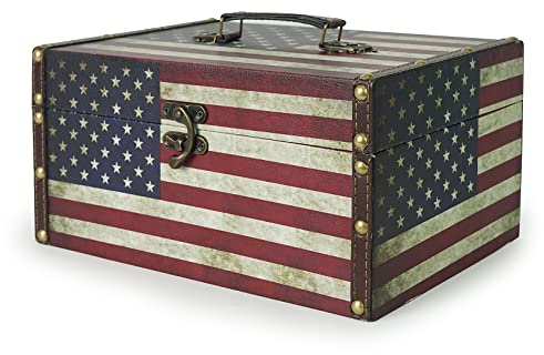 DreamsEden Small Wooden Decorative Storage Box with Handle - Wood Leather Treasure Chest Trunk Keepsake Suitcase, 11.8 x 7.8 x 5.9 (Vintage American Flag)