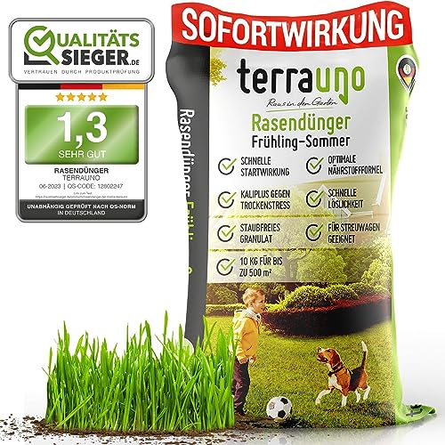TerraUno Rasendünger Frühjahr/Sommer I Sofortwirkung für saftiges grün I 10 kg für 500 m² I gesunder Rasen verdrängt Moos und Unkraut I NPK Dünger Rasen I Gegen Trockenstress I Für den Streuwagen