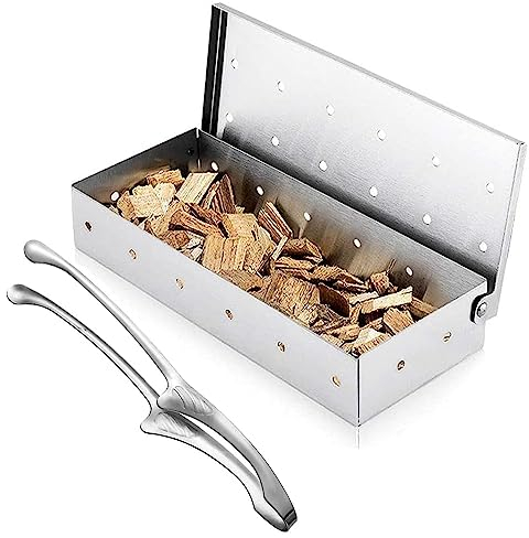 TINMIX Scatola per affumicatura in acciaio inox per grigliare trucioli di legno con pinza per alimenti, camera di fumo perforata, accessorio per barbecue a carbone/barbecue a gas