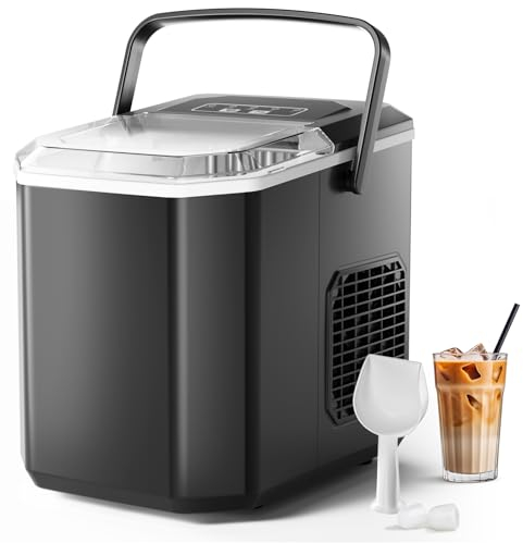 Portable Ice Maker Countertop, Dual-Size(Large/Small) Ice Machine with Self Cleaning, 1.5 Water Tank with Ice Scoop & Basket,9 Cubes in 6 Mins, 12Kg/24h, for Home/Kitchen/Office/Bar, Black
