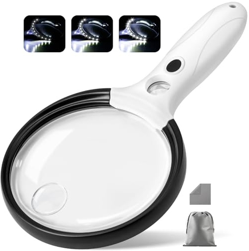 Large Magnifying Glass with Light, 10X 25X 45X Handheld Illuminated Magnifier with 3 Light Modes, 12 LED Lights, Storage Bag, Clean Cloth for Seniors Reading Coins Inspection (Black)