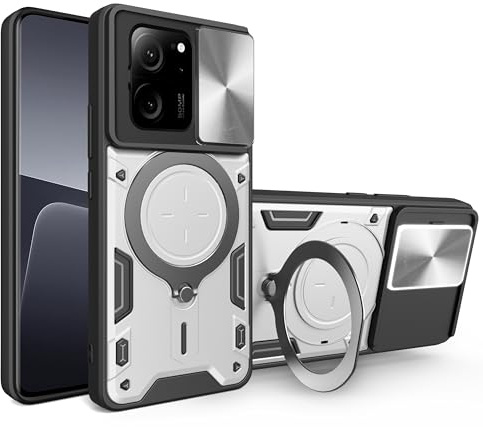 Funda para Xiaomi 13T/13T Pro, Cubierta de cámara Deslizante Proteger Militar Antigolpes Protectora Carcasa con 360 Anillo Soporte PC y Silicona TPU,Plata