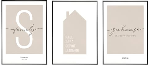 PERSONALISIERTES Poster Set für Familie - Schlafzimmer Posterset, Dekoration Wohnzimmer, ohne Rahmen, Bilder für zu Hause mit Koordinaten, Collage Deko für Familien, 3er Bilder Set, Poster mit Haus