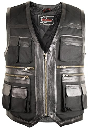 MDM Herren Chopper Textil Weste mit vielen Außentaschen, schwarz