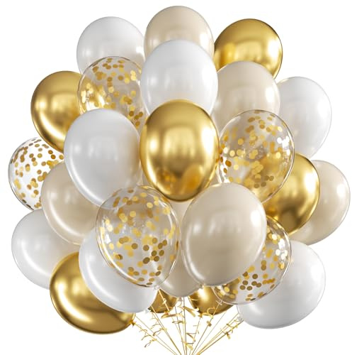 Luftballons Sand Weiß Gold, 60 Stück 12 Zoll Weißsand Weiß Latex Luftballons Metallic Gold Luftballon mit Konfetti Party Ballons, Party Luftballon für Geburtstag Hochzeit Jahrestag Dekoration