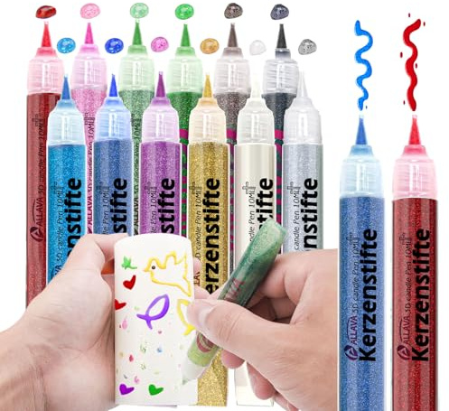 ALLAVA 12 Stück Kerzenstifte, Glitzerstifte 10ML, Kerzen Bemalen Set Wachsstifte, Candle Pen Kerzenfarbe KerzenpenIdeal zum Kerzen Dekorieren & Gestalten (Glitzernder Goldstaub)