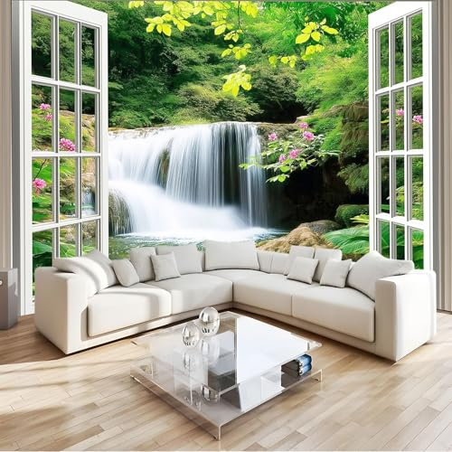 Photo Papier Peint 200 x 140 cm Intissé Murale Vert Panoramique Poster Papier Peint Paysage Naturel Cascade Plantes Vertes Fenêtres Photo Murale Tenture Murale pour Appartement Décoration Salon