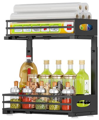 Küchen Organizer, 2 Unter Waschbecken Regal, Schrank Küchenorganizer mit 4 Haken, Schrankkorb für Küche, Bad, Putzmittel, Waschmittel